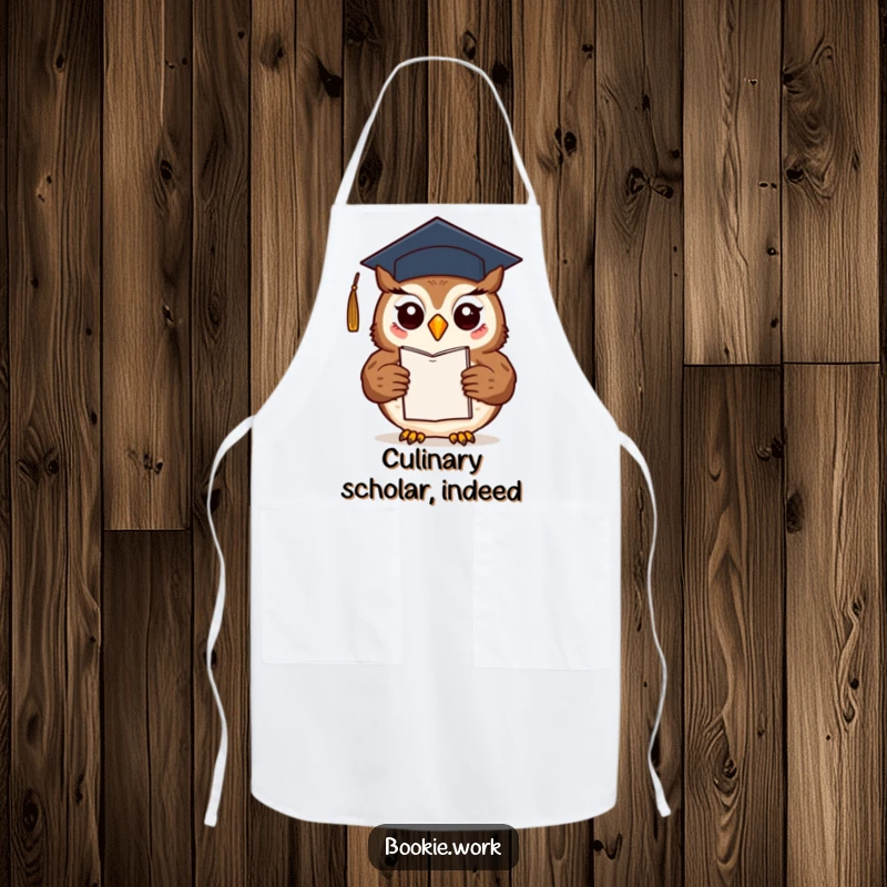Funny friendly owl wearing a graduation cap, presenting a finished novel, while wearing a chef's apron.