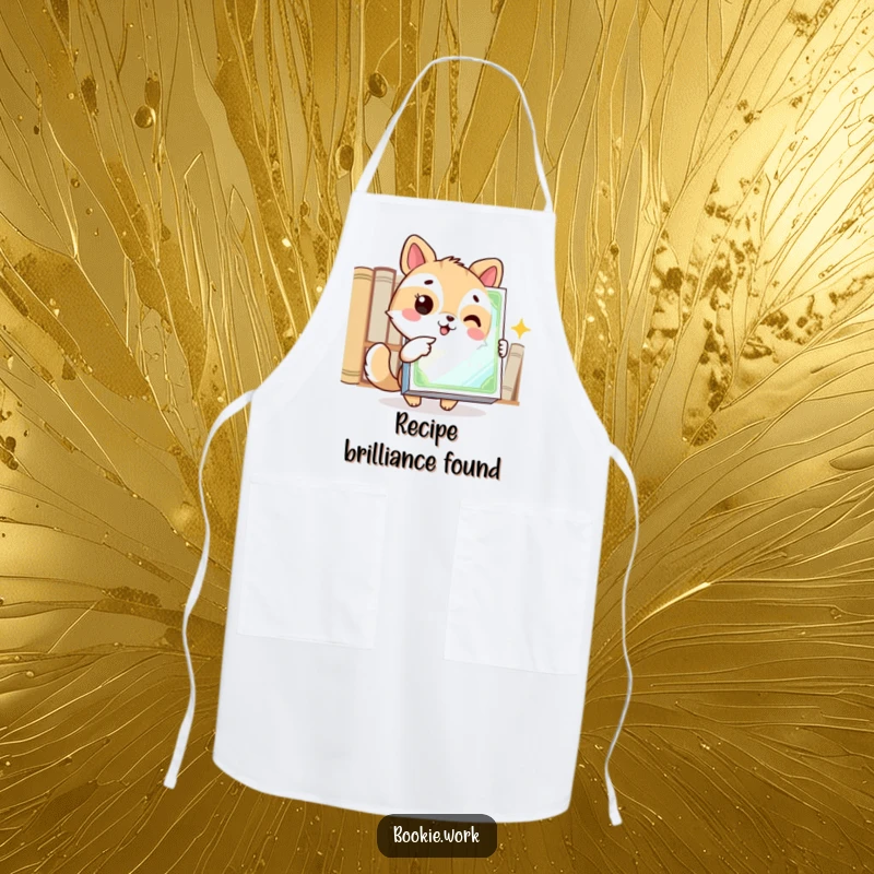 Funny apron with an excited animal character pointing at a gleaming book cover, perfect for book-loving cooks.