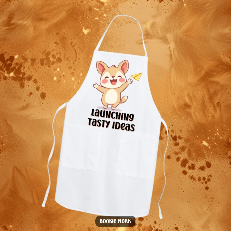 Funny apron with a joyful animal publisher character releasing a paper airplane, perfect for kitchen activities and playful moments.