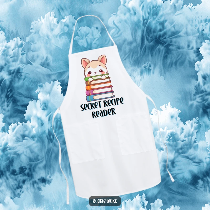 Funny apron with a shy animal character peeking from behind a book stack, ideal for kitchen fun and a humorous gift.