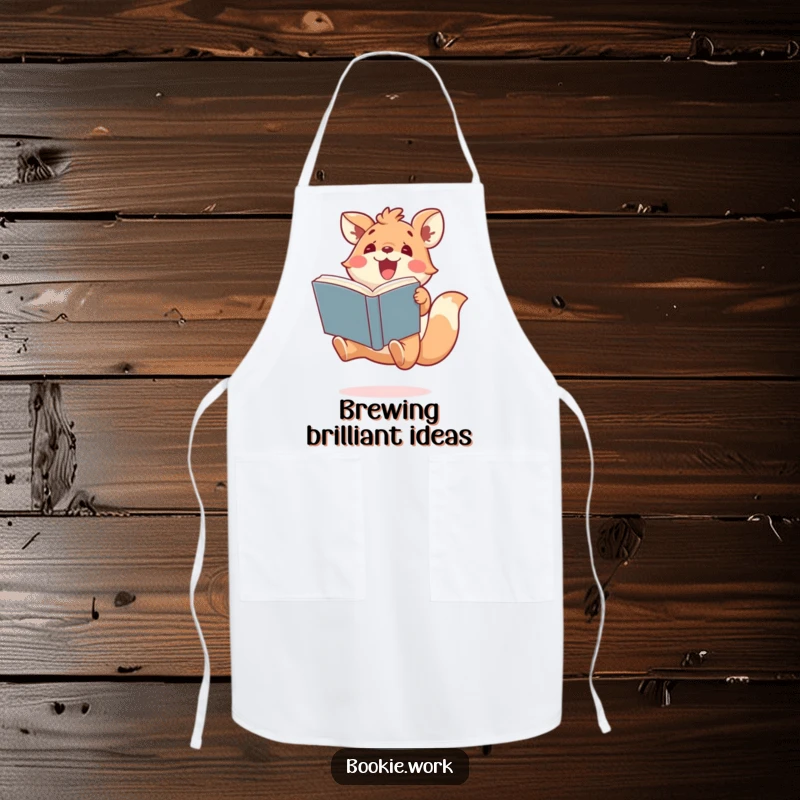 Funny apron showing a cute animal character jumping with a book, ideal for kitchen fun and a humorous gift for readers.