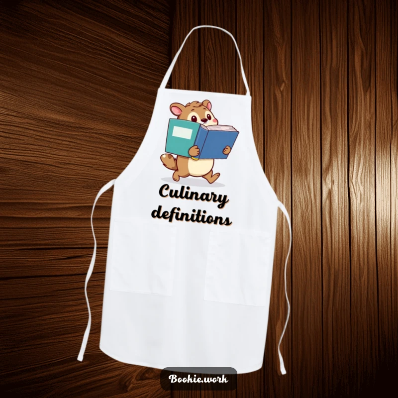 Funny apron with a determined animal character waddling with a giant dictionary, perfect for kitchen learning and humor.