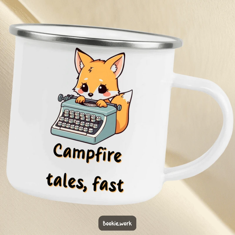 Funny inspired fox typing furiously on a vintage typewriter, on a sturdy camping mug for travel.