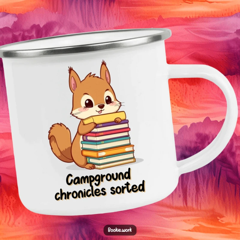 Funny squirrel meticulously organizing a towering stack of colorful manuscripts, on a sturdy camping mug for travel.