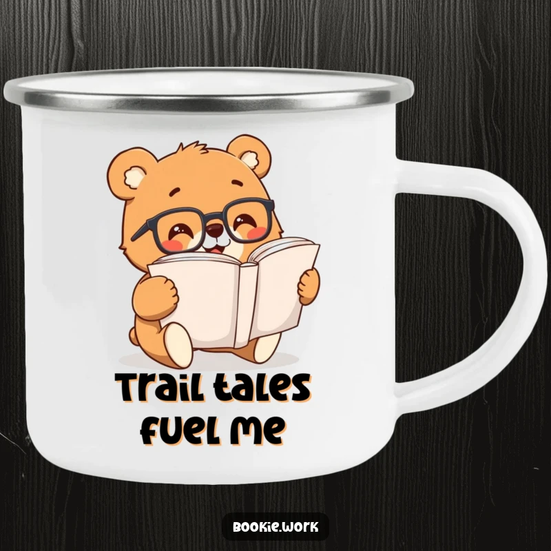 Funny bear wearing reading glasses, excitedly reading a book, on a sturdy camping mug for outdoor use.