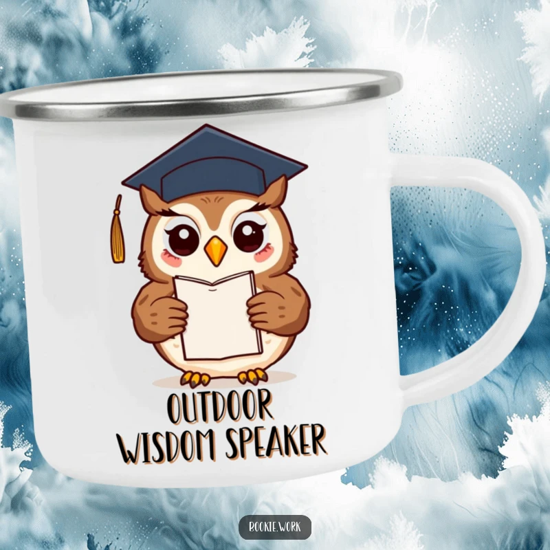Funny friendly owl wearing a graduation cap, presenting a finished novel, on a sturdy camping mug.