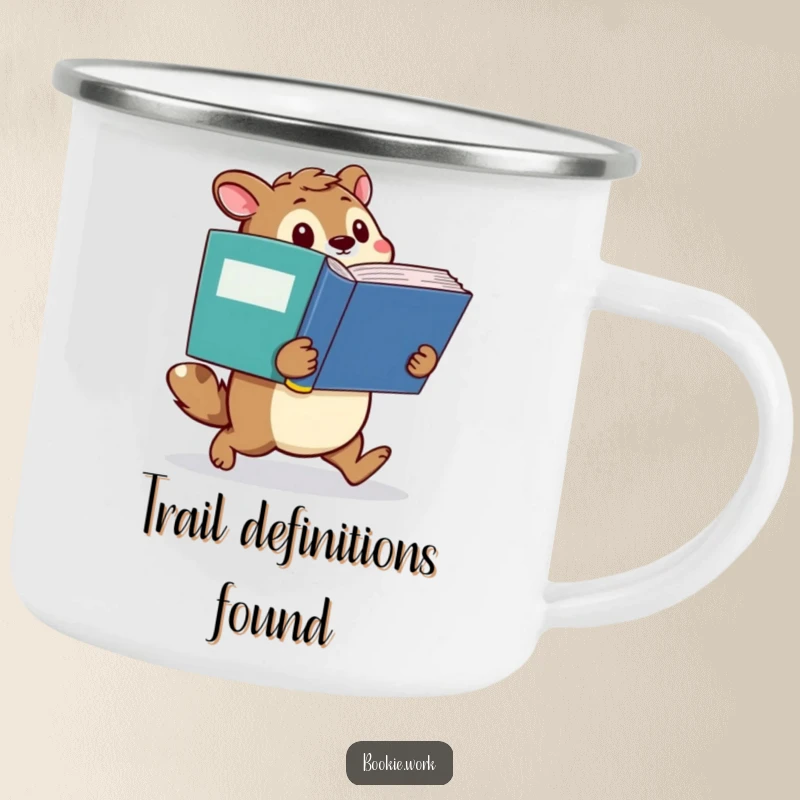 Funny camping mug with a determined animal character waddling with a giant dictionary, ideal for outdoor learning and adventures.