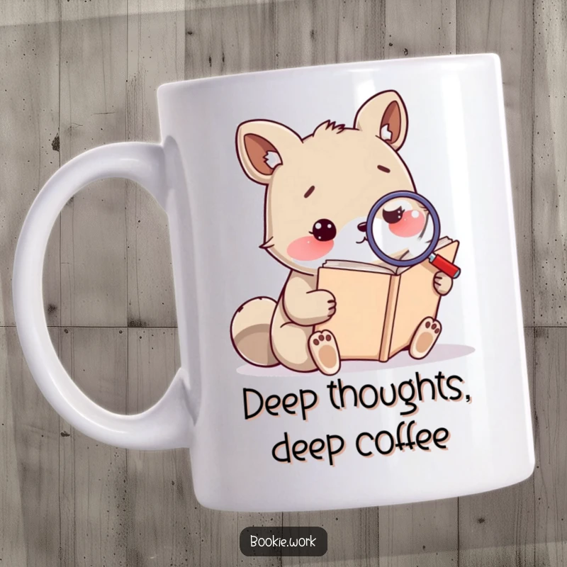 Funny mug showcasing a thoughtful animal using a magnifying glass to read a massive tome, highlighting deep concentration and humor.