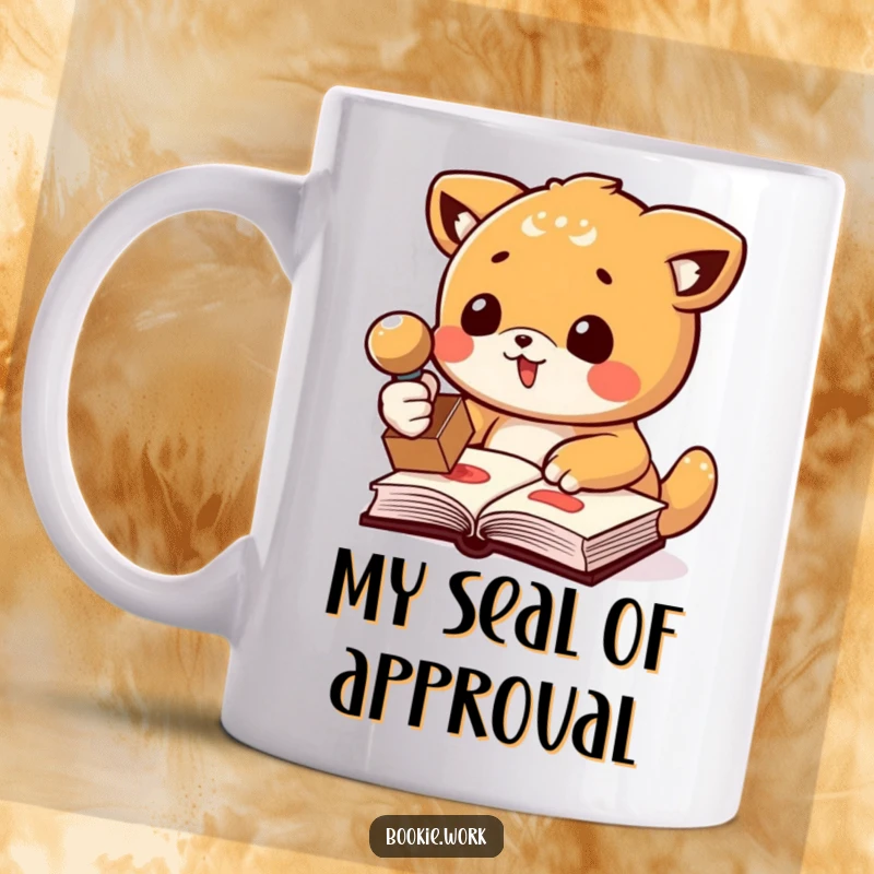 Funny mug with a cute animal character enthusiastically stamping a book with a rubber stamp, conveying approval and humor.
