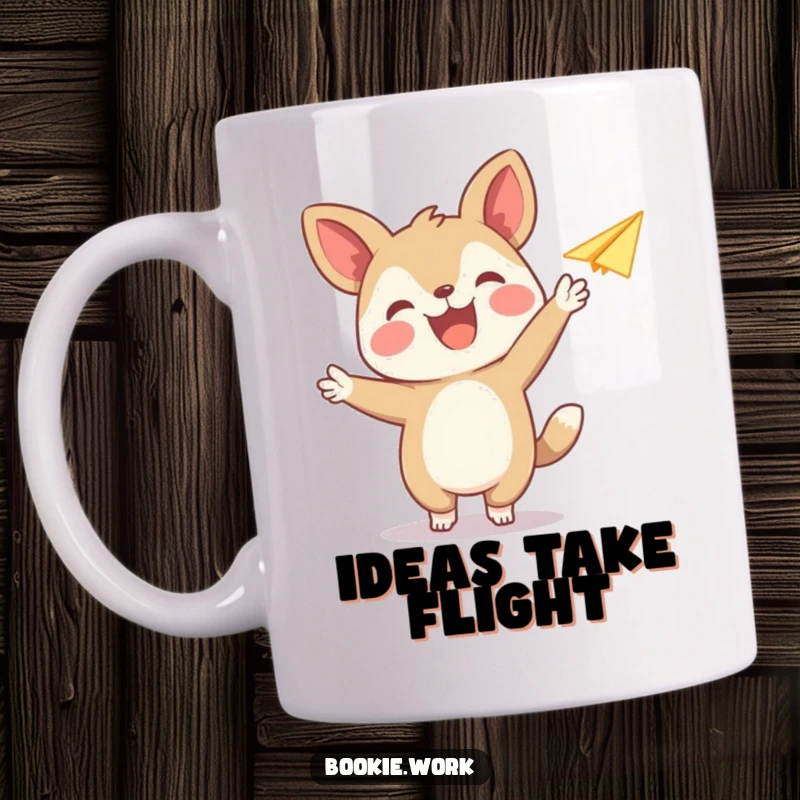 Funny mug showing a joyful animal publisher character releasing a paper airplane, symbolizing freedom and imaginative play.