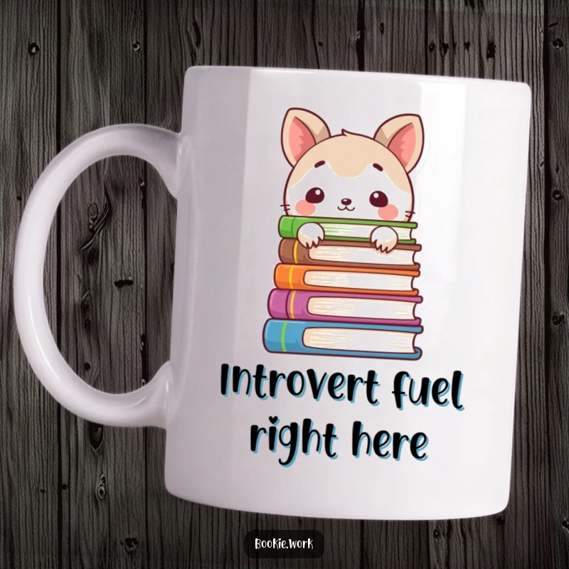 Funny mug with a shy animal character peeking from behind colorful books, conveying quiet bookish charm, a great gift.