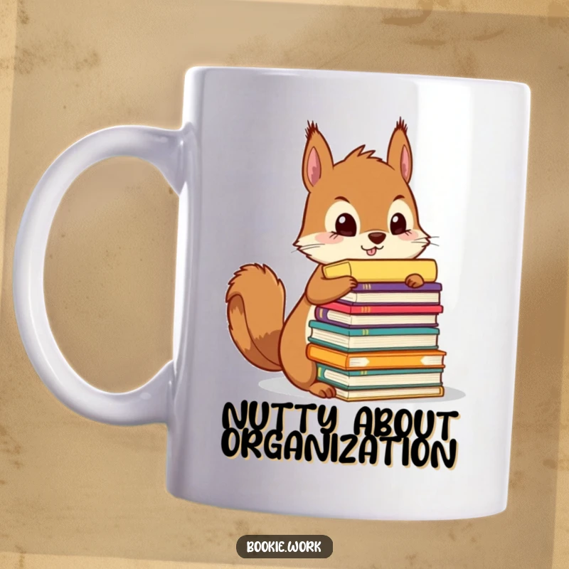 Funny squirrel meticulously organizing a huge stack of colorful manuscripts, on a humorous mug.