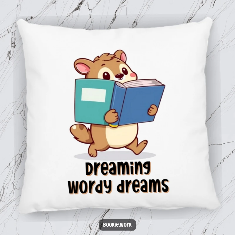 Funny pillow featuring a determined animal character waddling with a giant dictionary, offering comfort and intellectual encouragement.