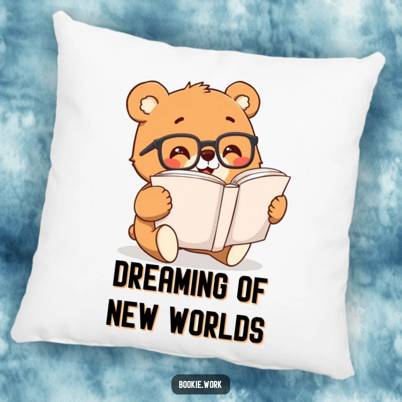Funny bear wearing glasses, excited to read a large book, presented on a soft and cozy pillow.