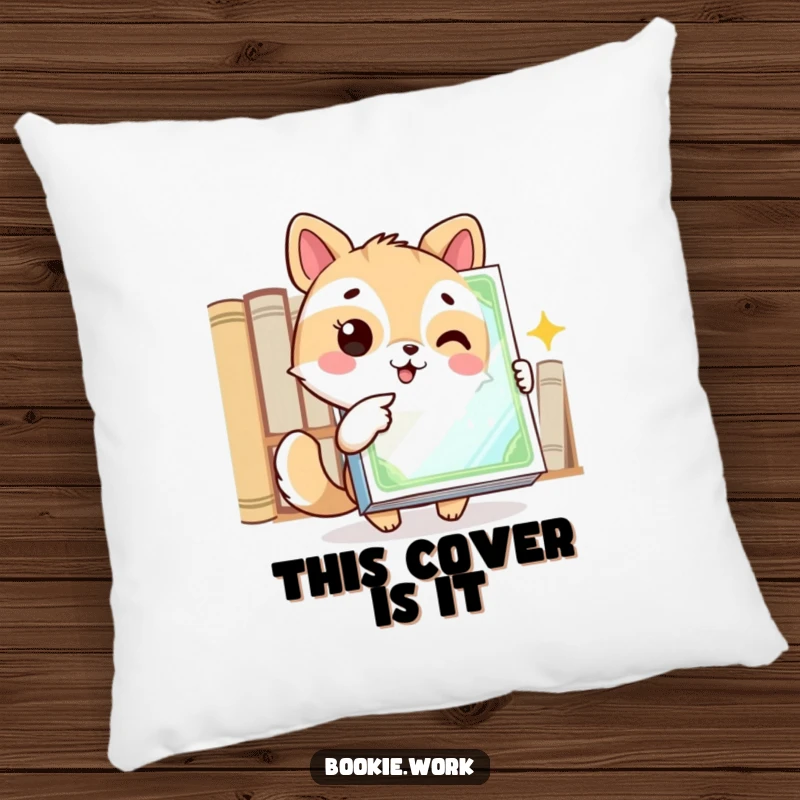 Funny pillow featuring an excited animal character pointing at a gleaming book cover, offering comfort and literary inspiration.