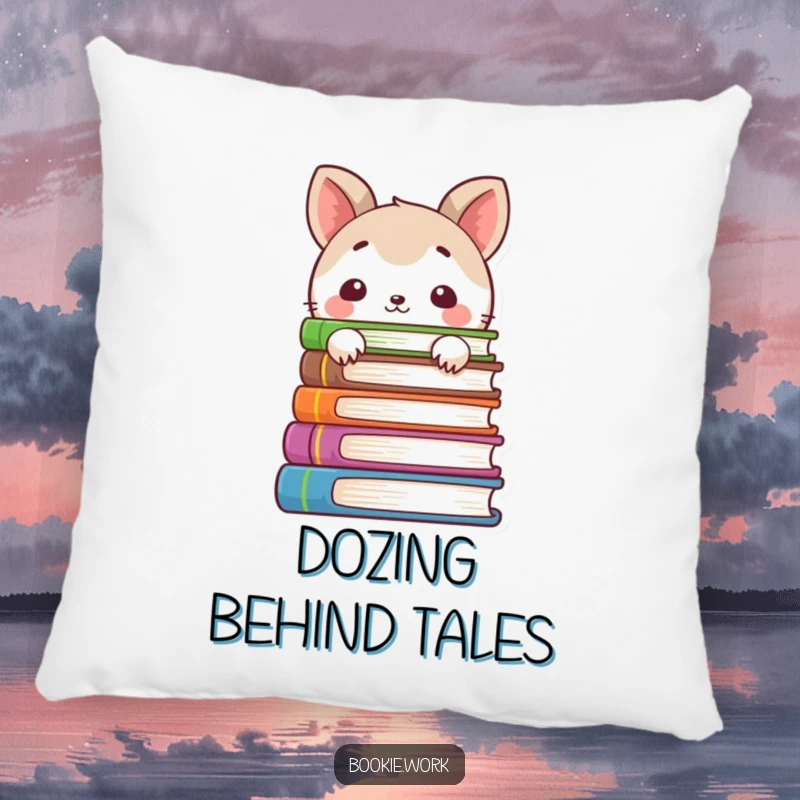 Funny pillow featuring a shy animal character peeking from behind a stack of books, offering comfort and quiet humor.