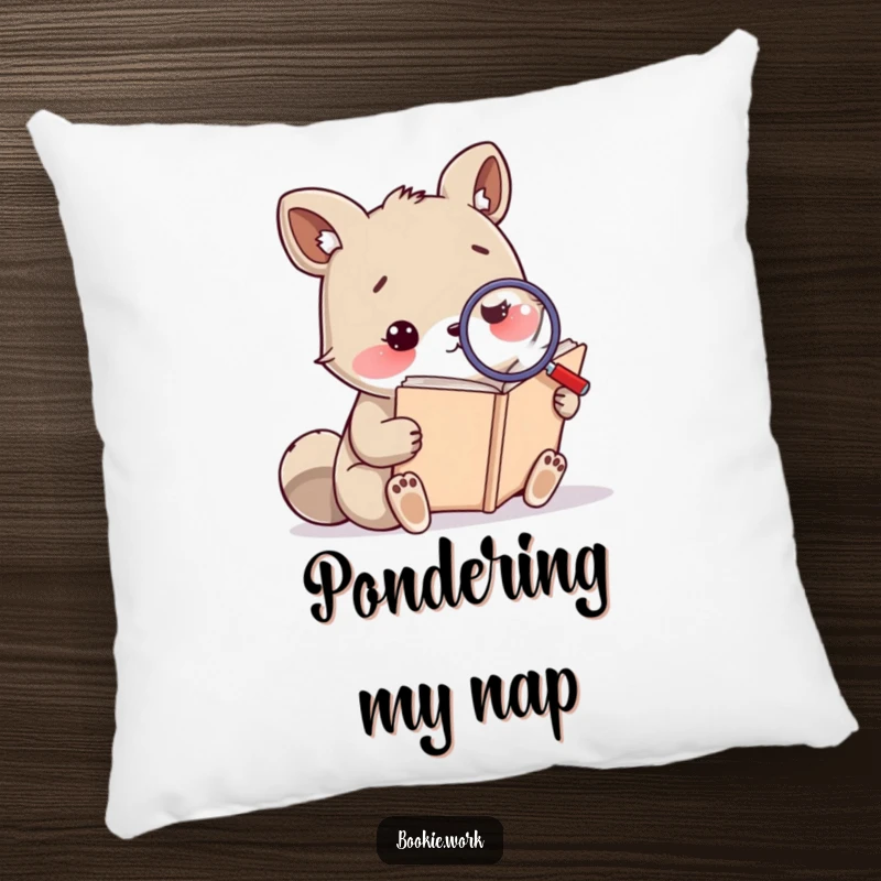 Funny pillow with a thoughtful animal character examining a large tome with a magnifying glass, perfect for study comfort and gifts.