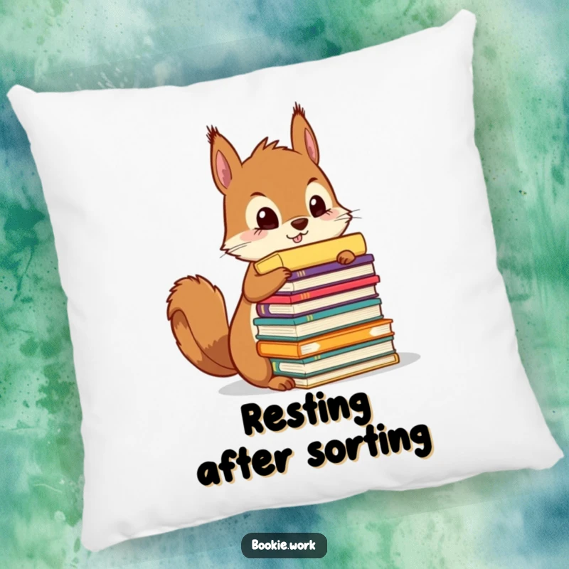 Funny squirrel meticulously organizing a towering stack of colorful manuscripts, on a comfortable accent pillow.
