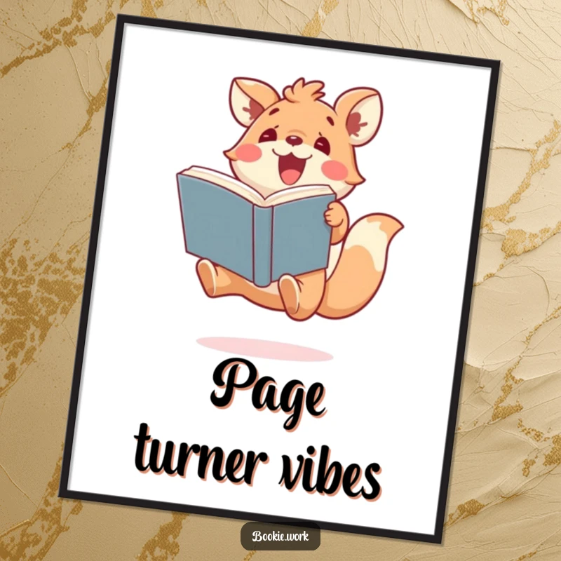 Funny digital art print of a cute animal character jumping with pure excitement and a large book, a vibrant and humorous decoration.