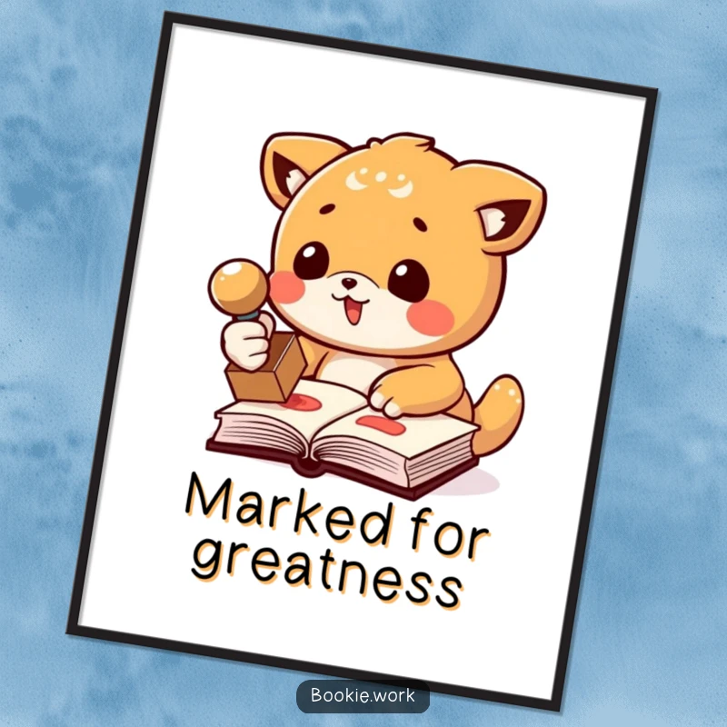 Funny digital art print of an animal character enthusiastically stamping a book with a rubber stamp, perfect for humorous wall decor.