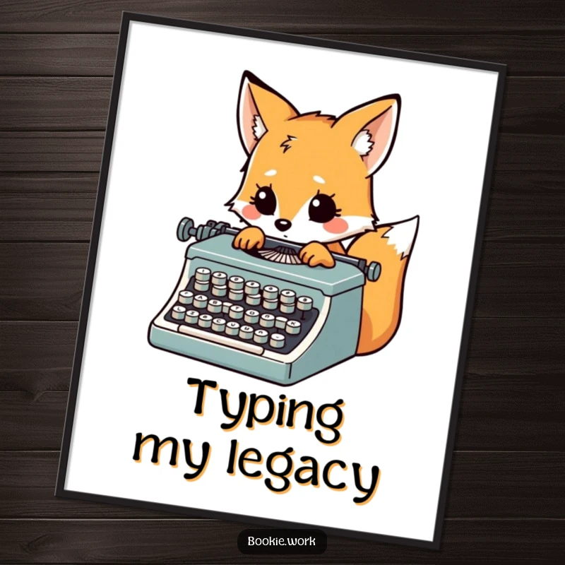 Funny inspired fox typing furiously on a vintage typewriter, as a digital art download for writers.