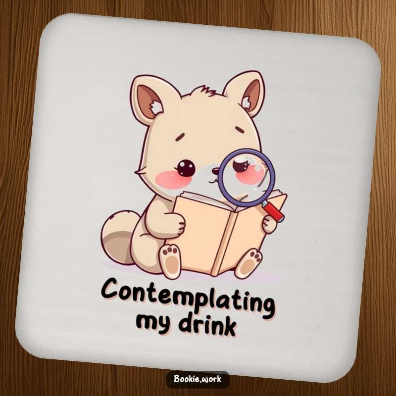 Funny drink coaster with a thoughtful animal character reading a large book with a magnifying glass, protecting surfaces with humor.