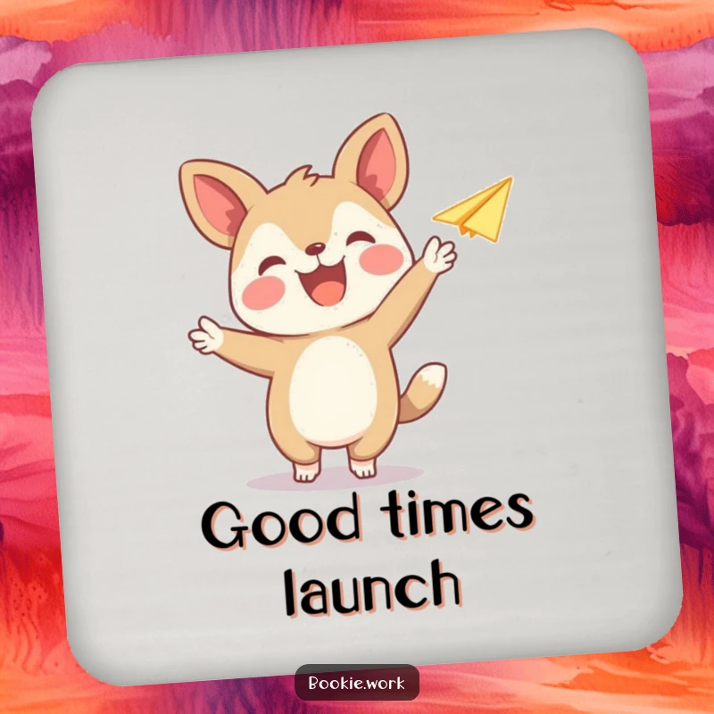 Funny drink coaster featuring a joyful animal publisher character releasing a paper airplane, adding a whimsical touch to tabletops.