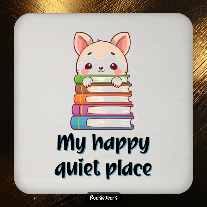 Funny drink coaster with a shy animal character peeking from behind books, offering quiet protection and a humorous touch.