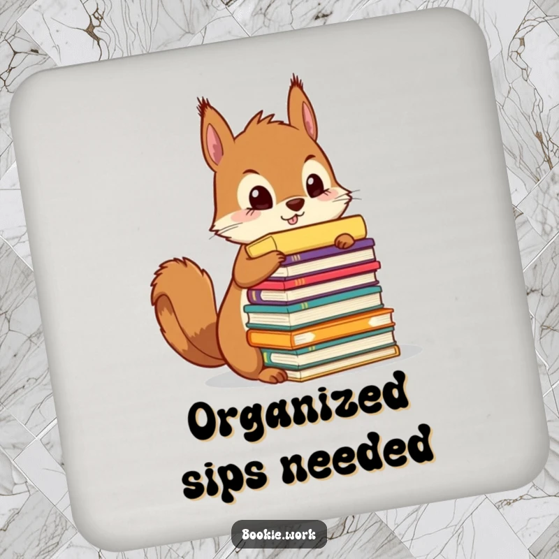 Funny squirrel meticulously organizing a towering stack of colorful manuscripts, printed on a protective drink coaster.