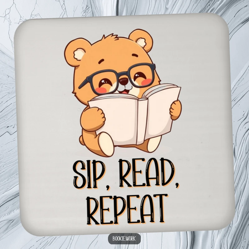 Funny bear with reading glasses happily reading a book, printed on a protective drink coaster.