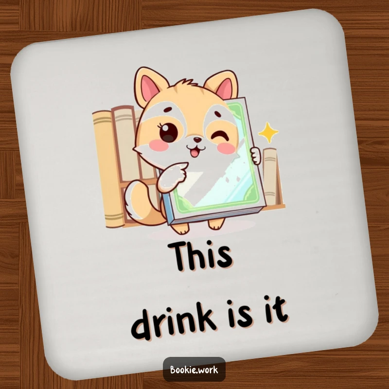 Funny drink coaster featuring an excited animal character pointing at a gleaming book cover, celebrating book design and appeal.