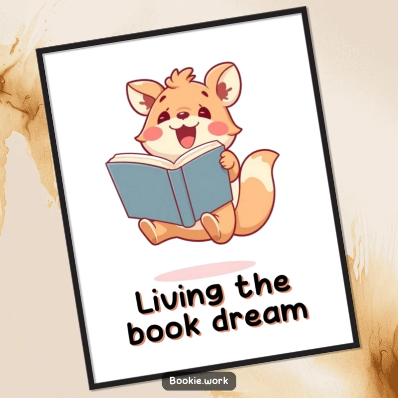 Funny poster of a cute animal character joyfully jumping while holding a large book, bringing an energetic and humorous vibe.
