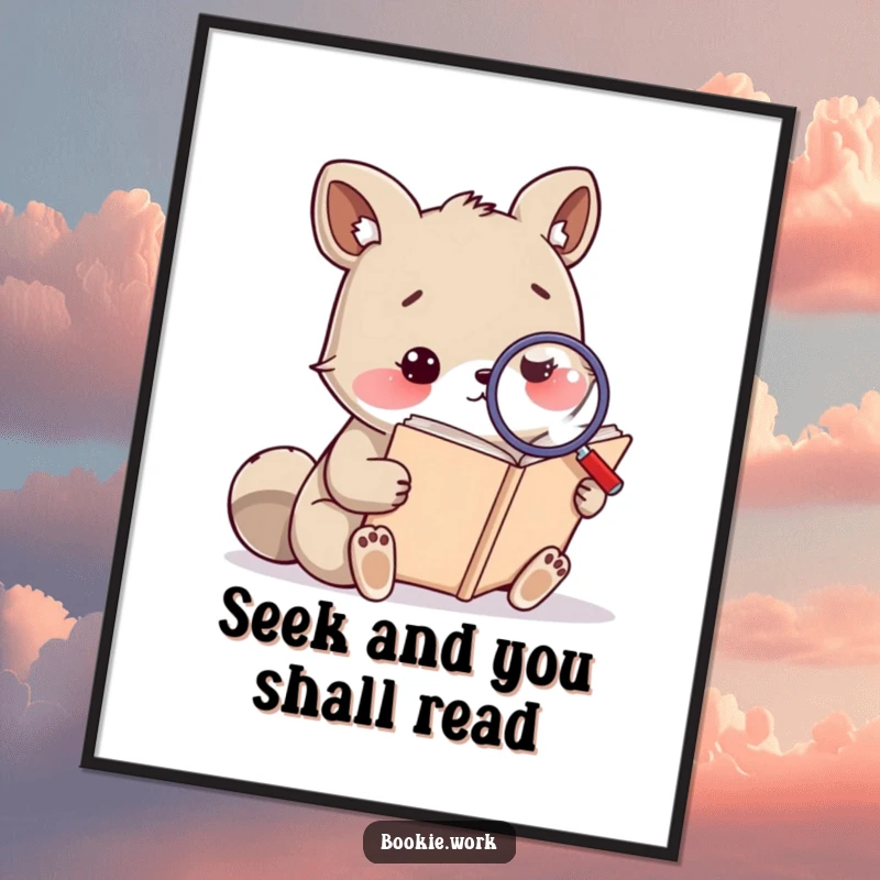 Funny poster of a thoughtful animal using a magnifying glass to read a huge book, symbolizing deep thought and knowledge.