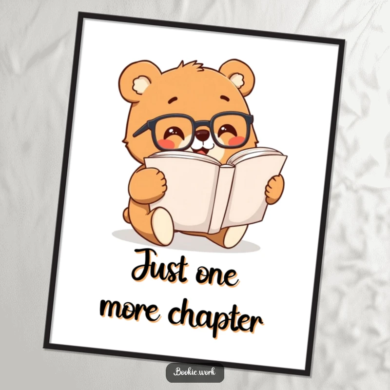 Funny bear with glasses happily reading a book, displayed as a colorful and cheerful poster print.