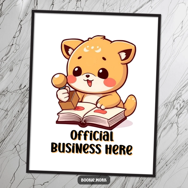Funny poster art of an animal character enthusiastically stamping a book with a rubber stamp, adding a humorous decorative touch.