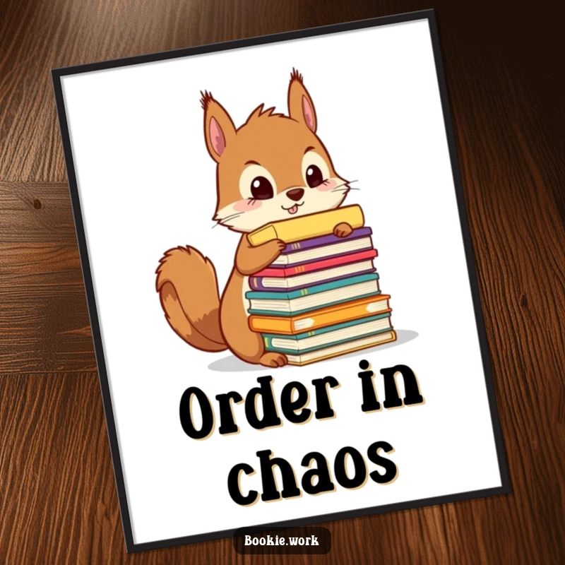 Funny squirrel meticulously organizing a huge stack of colorful manuscripts, presented as a delightful poster print.