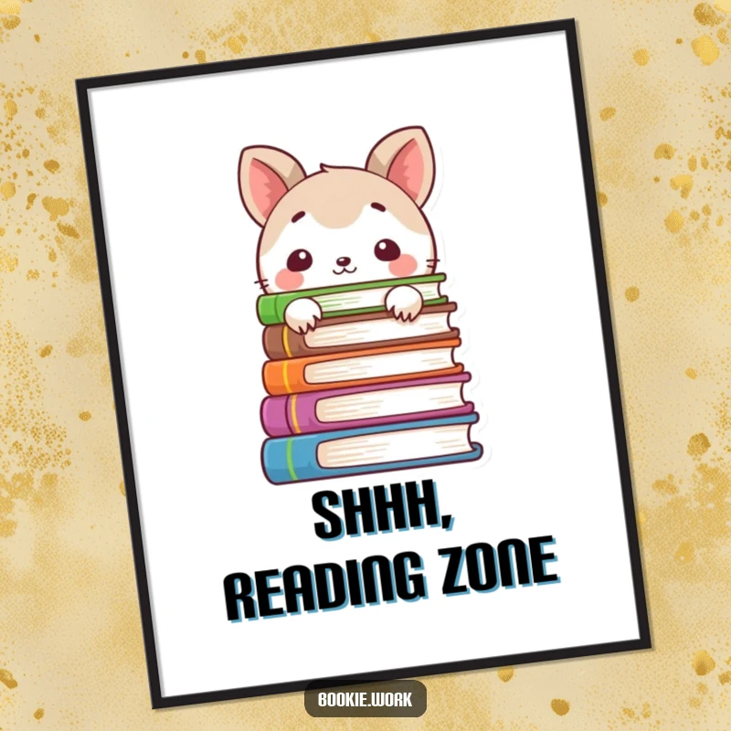 Funny poster featuring a shy animal character peeking from behind a stack of colorful books, adding a touch of quiet humor.