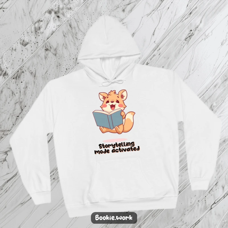 Funny hoodie with a cute, excited animal character jumping playfully while holding a massive book, perfect for bookish comfort and gifts.
