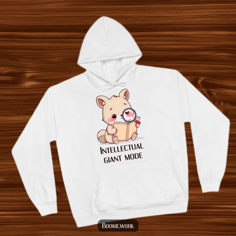 Funny hoodie depicting a thoughtful animal using a magnifying glass on a huge book, perfect for cozy study and intellectual gifts.