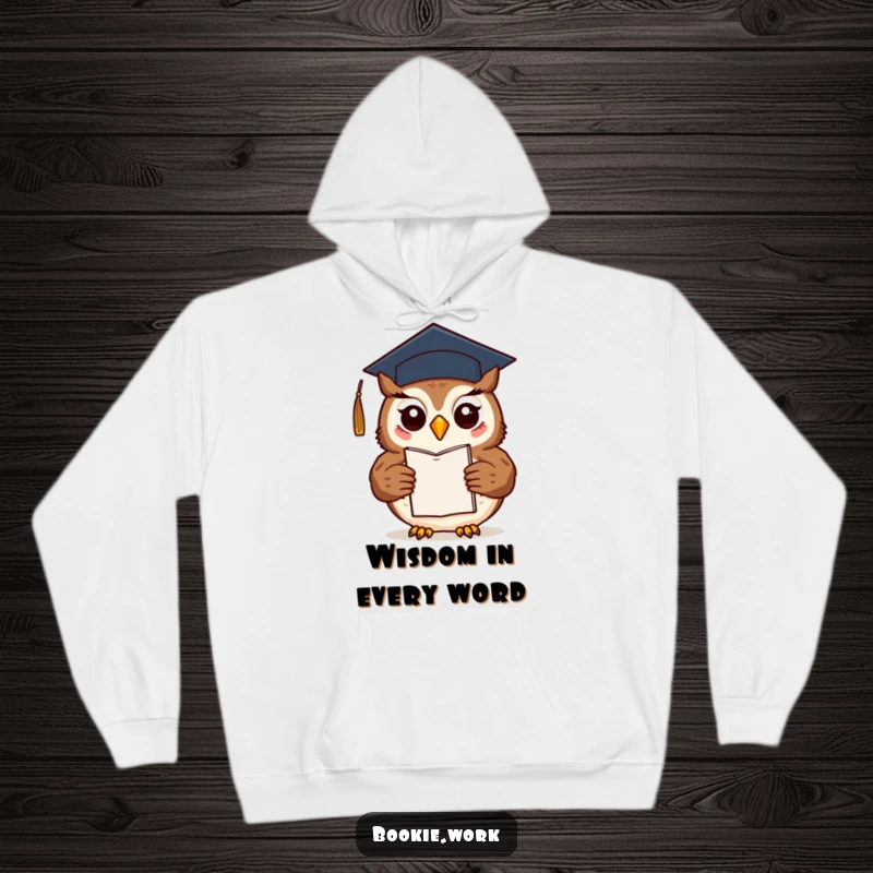 Funny friendly owl wearing a graduation cap, proudly presenting a finished novel, on a cozy hoodie.