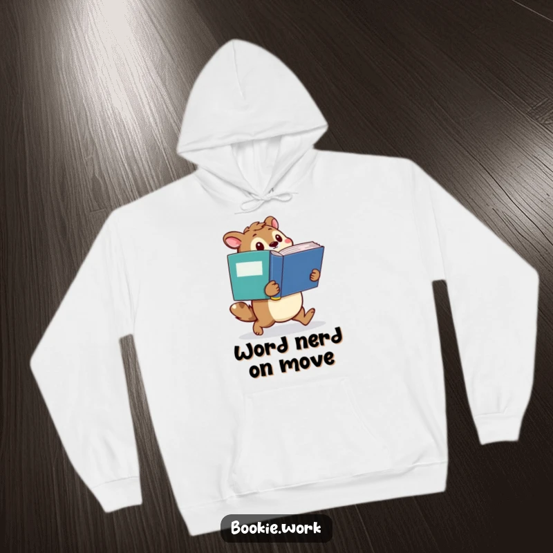 Funny hoodie featuring a determined animal character waddling with a giant dictionary, ideal for cozy study sessions.