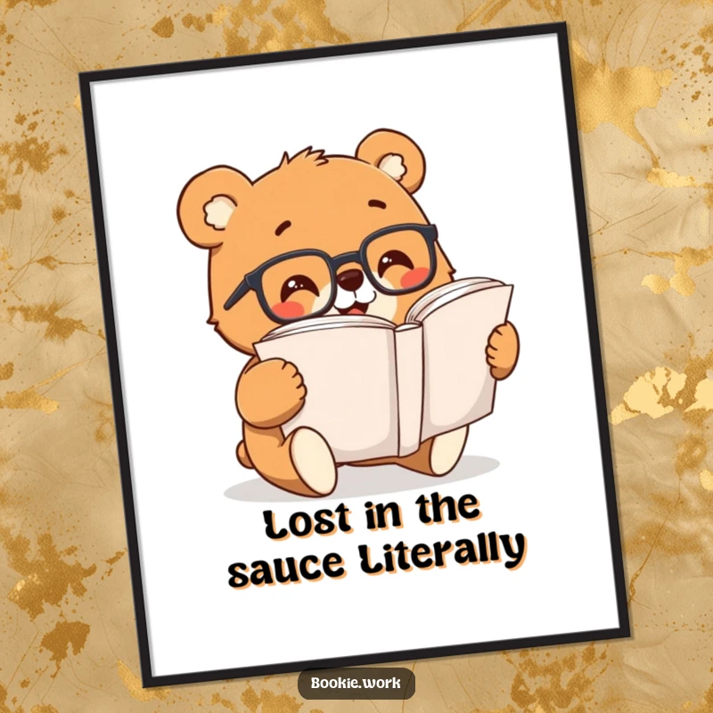 Funny Free Printable Wall Art: Cheerful bear with reading glasses, excitedly reading a giant closed book, perfect decor.