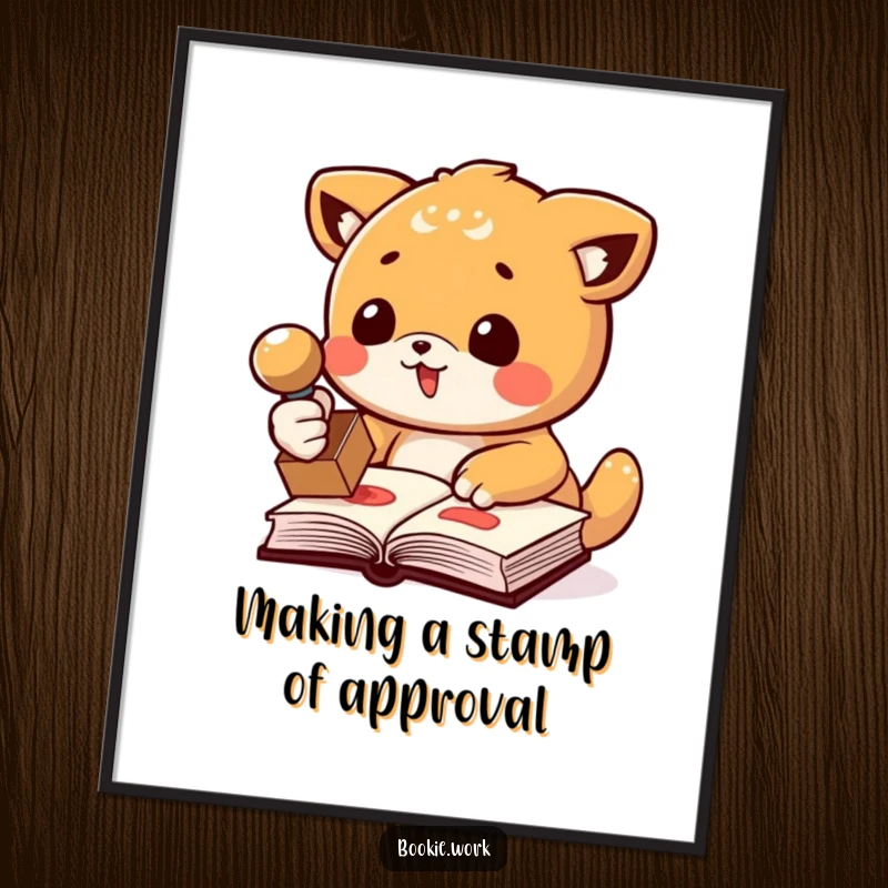 Funny Free Printable Wall Art featuring a cheerful animal enthusiastically stamping a book, adding a touch of humor to any room.