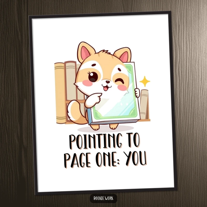 Funny Free Printable Wall Art of a cheerful animal excitedly pointing at a shiny book cover, symbolizing discovery and joy.