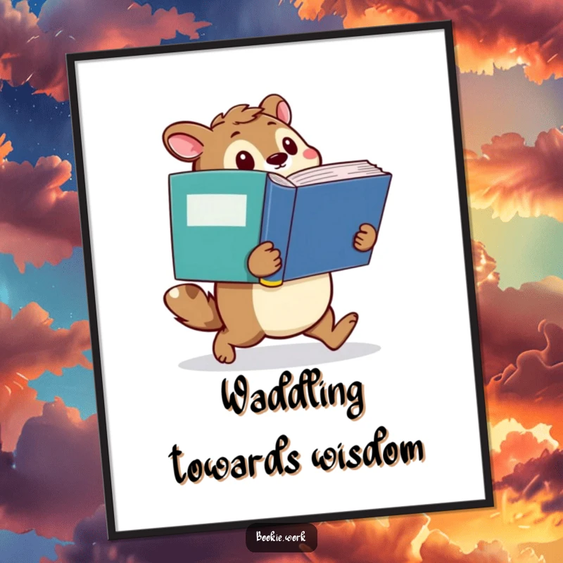 Funny Free Printable Wall Art of a determined animal waddling with a giant dictionary, symbolizing the pursuit of knowledge.