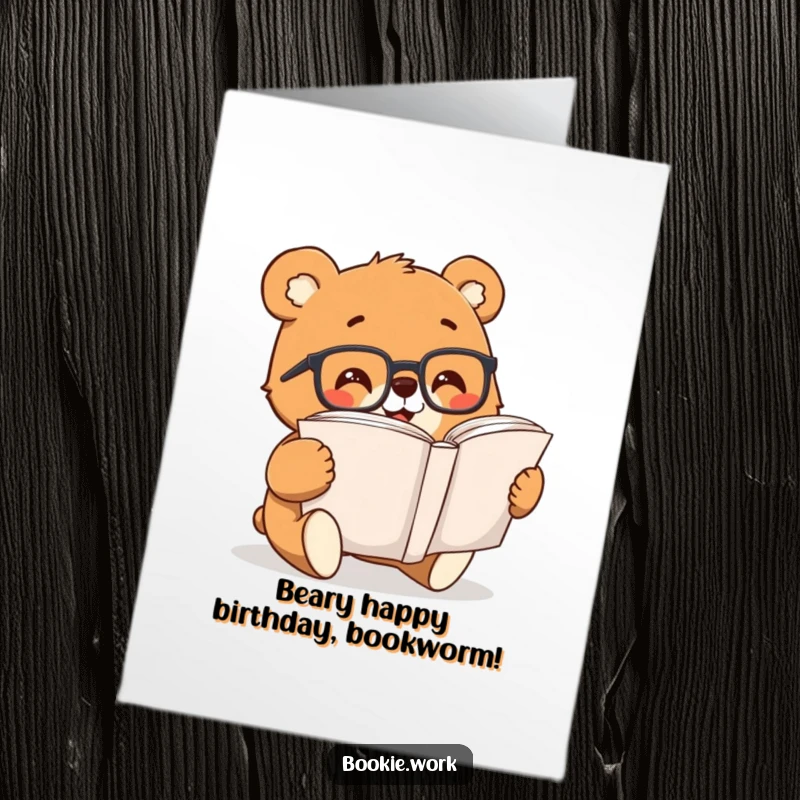 Funny Free Printable Birthday Card: Cheerful bear wearing glasses, eagerly reading a large book, ready for a celebration.