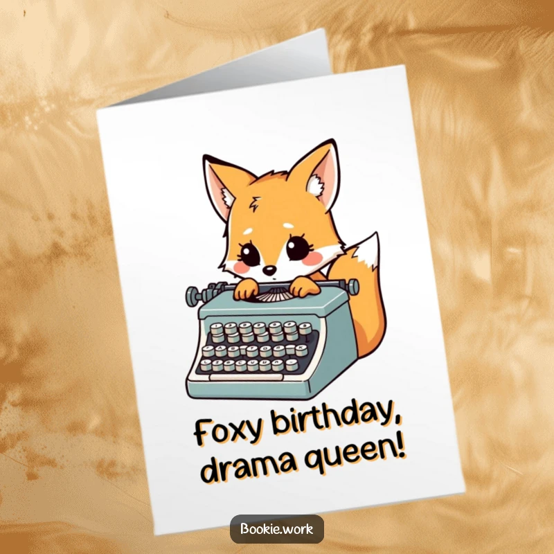 Funny Free Printable Birthday Card: Fox character typing furiously on a vintage typewriter, looking inspired and ready to celebrate.