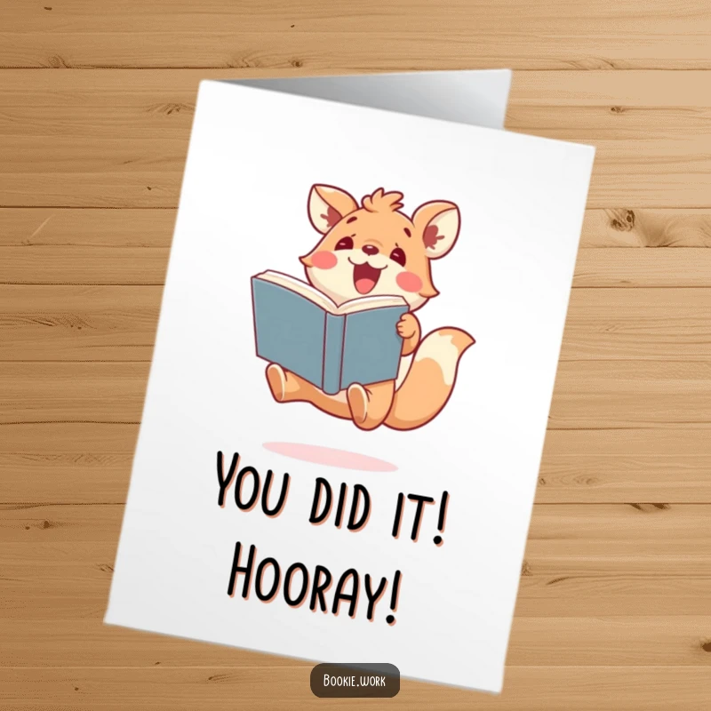 Funny Free Printable Congratulations Card: An ecstatic animal jumping high, clutching a book, celebrating a big win.