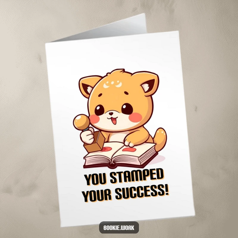 Funny Free Printable Congratulations Card showing a happy animal using a rubber stamp on a book, celebrating achievements.