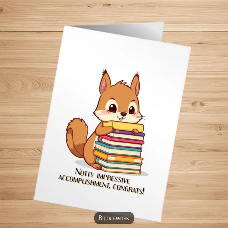 Funny Free Printable Congratulations Card: Squirrel meticulously arranging a huge pile of colorful manuscripts, celebrating success.